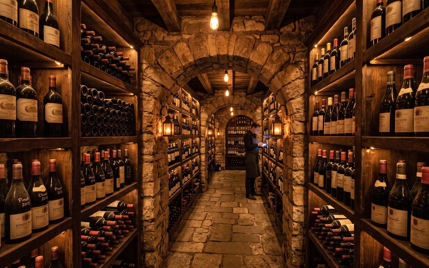 Cava de vinos con estantes iluminados