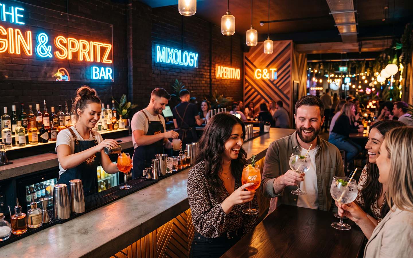 Amigos brindando con cocteles en un bar moderno